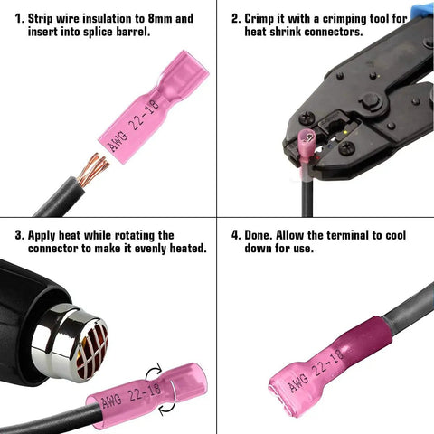 All In One 220 Piece Wire Spade Connectors Kit With Heat Shrink Terminals installation steps, crimper tool shown