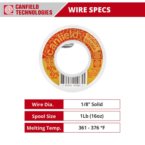 Canfield 60/40 Solder For Stained Glass 1Lb Spool Virgin Tin Lead Alloy Pro Grade Made In USA with specs on label