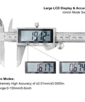 Handy 6 Inch Digital Caliper Tool With IP54 Waterproof Stainless Steel Vernier Caliper Large LCD Screen Easy Switch From Inch To Metric Precise Internal External And Depth Measurements A DIY And Household Must Have, showing various measurements on display.