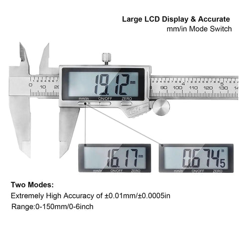 Handy 6 Inch Digital Caliper Tool With IP54 Waterproof Stainless Steel Vernier Caliper Large LCD Screen Easy Switch From Inch To Metric Precise Internal External And Depth Measurements A DIY And Household Must Have, showing various measurements on display.