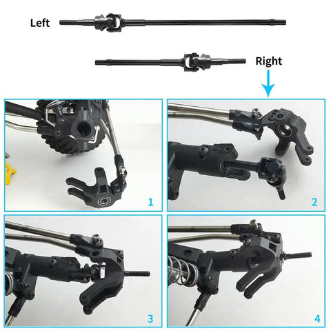 Tough As Nails Steel Front Cvd Drive Shafts Upgrade Kit For 1/10 Scale Rc Rock Crawlers shown with installation angles and details.
