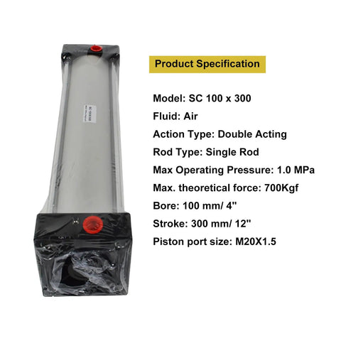 Heavy Duty Aluminum Alloy Pneumatic Air Cylinder 4 Inch Bore, 12 Inch Magnetic Stroke, Double Acting, Single Rod, SC 100X50 Model