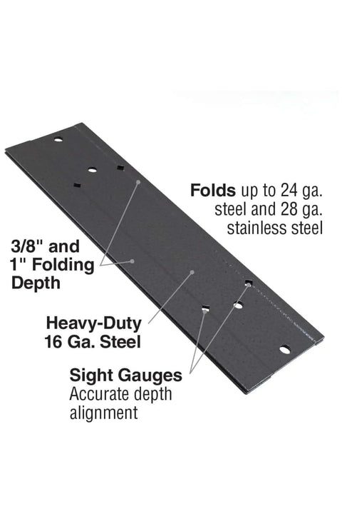 Image of Heavy Duty 24 Inch Sheet Metal Folding Tool With Dual Depths Three Eighths Inch And One Inch, showing sight gauges and steel material.