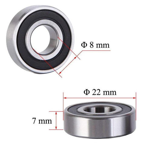 608-RS ball bearing with double rubber seals; front view shows 8 mm bore and 22 mm outer diameter, side view shows 7 mm thickness