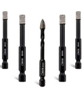 SHDIATOOL dry diamond tile drill bit set: five bits total—four 1/4-inch diamond core bits and one carbide diamond-tipped bit.