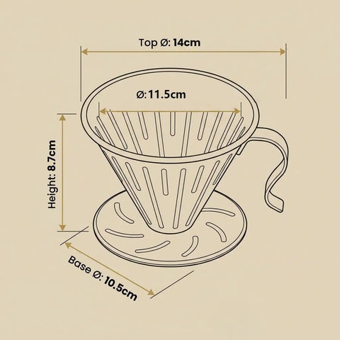 Diagram of Reusable Stainless Steel Coffee Dripper For Pour Over Coffee, Large V Shaped Filter With Handle, 10.5 Cm Base, 8.7 Cm Tall