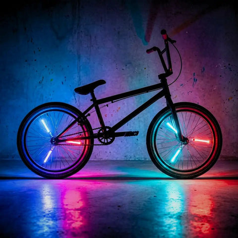 Color Changing LED Bike Spoke Lights Clip-On Wheel Lights That Morph Through Colors for Kids and Adults on a BMX bike