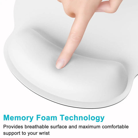 Ergonomic Mouse Pad With Memory Foam Wrist Rest For Pain Relief And Fatigue Reduction Ultra Smooth Surface And Non Slip Base Go To Choice For Gaming Office And Laptop Use White, with finger pressing padded wrist area.