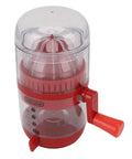 Hand juicer in red, compact design for easy citrus extraction, features manual crank and transparent container.