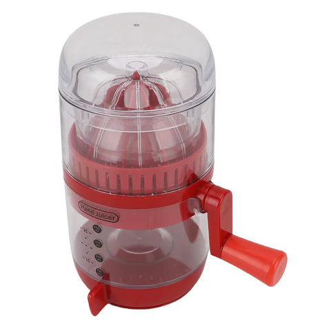 Hand juicer in red, compact design for easy citrus extraction, features manual crank and transparent container.