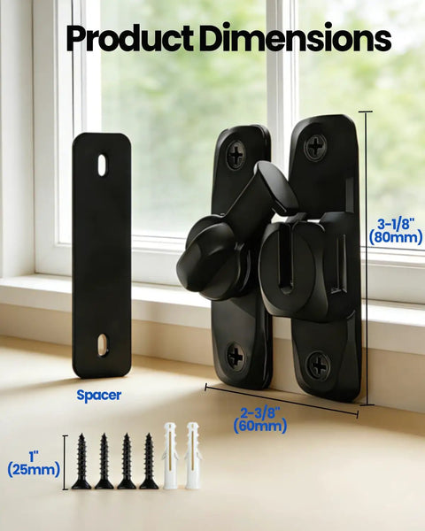 2 Pack 2 In 1 Barn Door Lock And Latch, 90 And 180 Degree Adjustable Sliding Lock with dimensions and screws