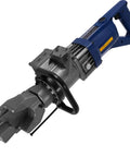 Portable Rebar Bender For Steel Rods This Power Electric Hydraulic Machine Bends Round And Threaded Rebar Up To 16Mm Diameter Quickly, showing the tool's motor and bending arm.
