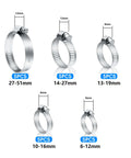 Adjustable Stainless Steel Hose Clamps Kit, 25 Pieces, Range 1/4 to 2 Inches, 6-51mm, Heavy Duty Worm Gear Clamps shown in different sizes.