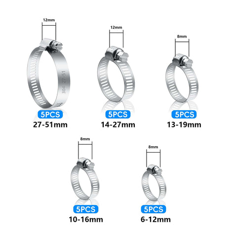Adjustable Stainless Steel Hose Clamps Kit, 25 Pieces, Range 1/4 to 2 Inches, 6-51mm, Heavy Duty Worm Gear Clamps shown in different sizes.