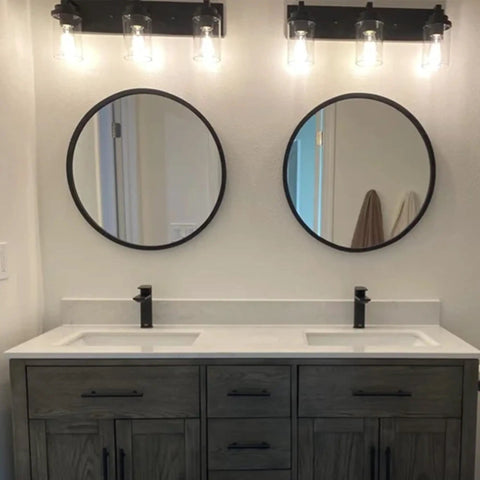 3 Light Dope Vintage Industrial Vanity Lights Over Mirror In Black Finish With Clear Glass Shades Modern Wall Sconce For Mid Century Modern Urban Farmhouse Bath Decor in bathroom setting.