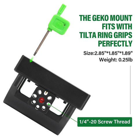 Power Up Your Ring Grip Setup With D Tap And USB C PD Compatible With Tilta Basic And Advanced Ring Grips And DJI RS2 RS3 Pro RS4 RS5 Ring Grip Power Upgrade For Pro Filmmakers And Onset Crews, Geko Mount for Tilta Ring Grips with dimensions and weight shown