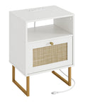 Rattan Boho Nightstand With Charging Station Dope Space Saving Farmhouse Wood Bedside Table with drawer and open shelf, gold legs