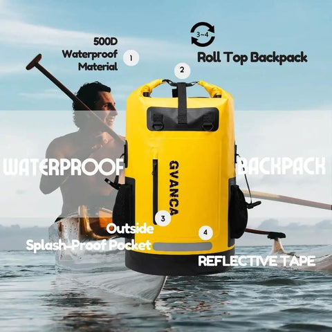 Waterproof Dry Bag Backpack For Kayaking 35L Roll Top Floating Dry Sack in use while canoeing, bright yellow 500D PVC gear carrier