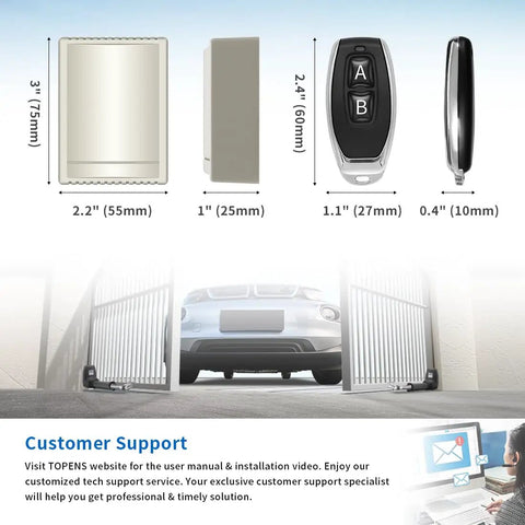 HomeLink Ready Universal Receiver With Remote Transmitter For Easy Plug And Play Swing Or Sliding Gate Openers And Garage Doors Keeps Your Ride Connected, showing receiver and transmitter sizes with open gates.