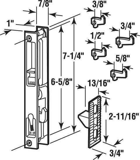 Diagram of Glass Door Flush Latch Chrome Plated Diecast Replacement Handle Set for Sliding Glass Doors with dimensions and hook sizes.