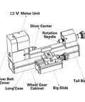 Diagram of Mini Motorized Lathe Machine For DIY Enthusiasts and School Tech Classes, showing components like motor unit and sliders.