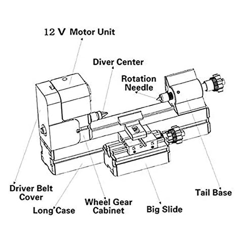 Diagram of Mini Motorized Lathe Machine For DIY Enthusiasts and School Tech Classes, showing components like motor unit and sliders.