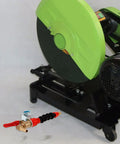 Pro Grade Angle Grinder Coolant Sprayer System Featuring Badass Stainless Steel Mist Nozzle with green cutting disc and water valve.