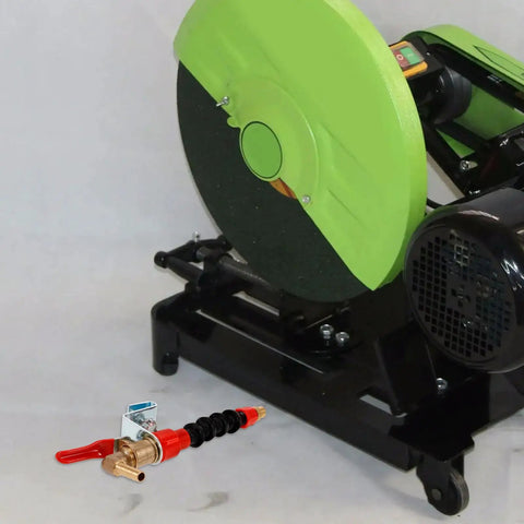 Pro Grade Angle Grinder Coolant Sprayer System Featuring Badass Stainless Steel Mist Nozzle with green cutting disc and water valve.