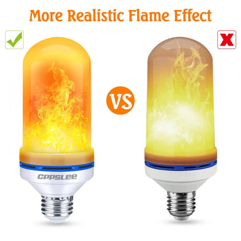 Comparison of upgraded LED flame light bulb with realistic flicker, E26 base, showcasing more vivid flame glow effect.