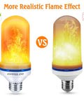 Comparison of realistic flame effects; left bulb showing vibrant fire with E26 base, titled Upgraded LED Flame Light Bulbs With E26 Base 4 Modes Flickering Lit Fire Realistic Yellow Flame For Halloween Decor Outdoor Christmas Lights Patio Indoor Home Decor 6 Pack.