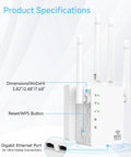 Product specifications for 1200Mbps Dual Band WiFi Extender Boost with dimensions, reset button, and Ethernet port.