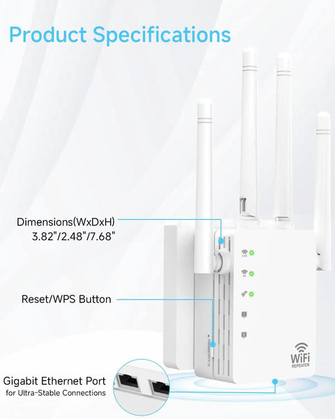 Product specifications for 1200Mbps Dual Band WiFi Extender Boost with dimensions, reset button, and Ethernet port.