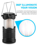 Black lantern with handle, showcasing 360-degree illumination, part of 4 Pack Led Camping Lanterns And Collapsible Flameless Tea Lights Portable Battery Powered Camping Lights For Emergency Prep Supplies Kit Black Must Have For Camping Trips And Power Outages.