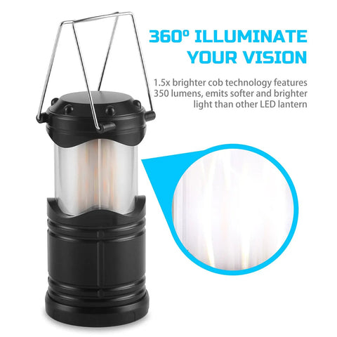 Black lantern with handle, showcasing 360-degree illumination, part of 4 Pack Led Camping Lanterns And Collapsible Flameless Tea Lights Portable Battery Powered Camping Lights For Emergency Prep Supplies Kit Black Must Have For Camping Trips And Power Outages.