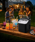 Swift As Lightning Countertop Ice Maker With Handle, Drops Fresh Bullet Ice In Mere Minutes, Dang Fast 26 Pound Daily Yield, Zero Drama Automatic Cleaning Comes With Roomy Basket And Solid Scoop Perfect For Busy Houses Or Road Trip Adventures Black on outdoor table with drinks.