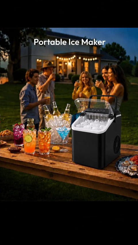 Swift As Lightning Countertop Ice Maker With Handle, Drops Fresh Bullet Ice In Mere Minutes, Dang Fast 26 Pound Daily Yield, Zero Drama Automatic Cleaning Comes With Roomy Basket And Solid Scoop Perfect For Busy Houses Or Road Trip Adventures Black on outdoor table with drinks.