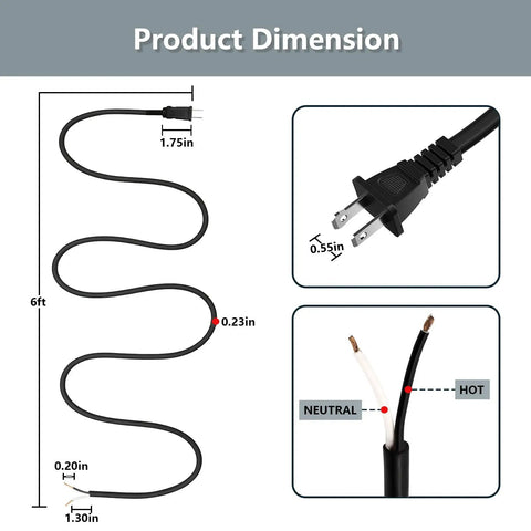 Diagram of dimensions for 2 Pack 6 Foot 18AWG Power Tool Cord Replacement with 2 Prong Polarized Plug 110V 300V AC Pigtail.