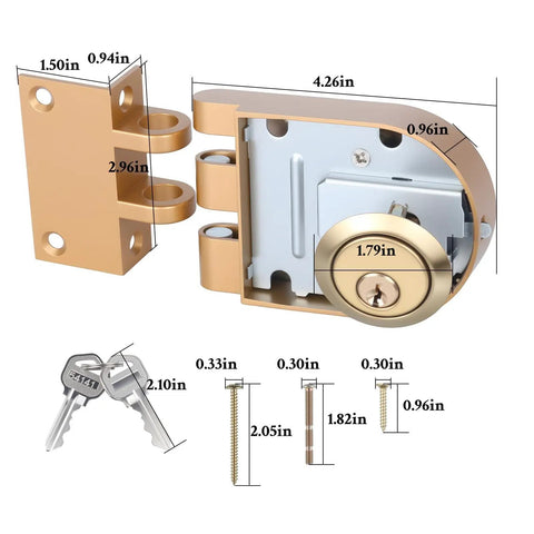 Heavy Duty Double Cylinder Door Lock With Jimmy-Resistant Design That Deters Forced Entry By Spreading Door Frames, gold finish, dimensions labeled