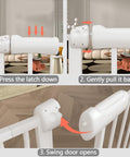 Instructions to open Extra Wide Baby Gate With Auto Close For Stairs And Doorways, Adjustable 53 to 57.5 Inch Wide, Swing Door shown