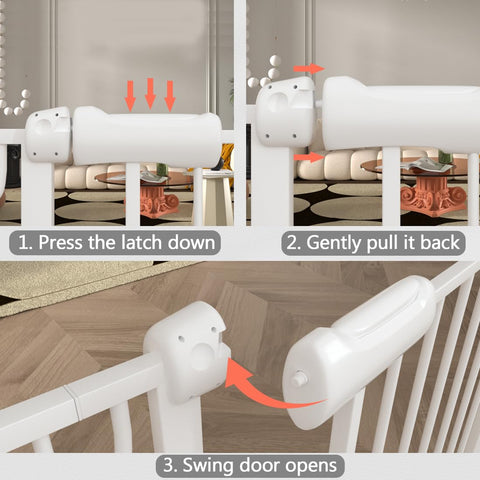 Instructions to open Extra Wide Baby Gate With Auto Close For Stairs And Doorways, Adjustable 53 to 57.5 Inch Wide, Swing Door shown