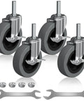 4 Inch Caster Wheels Set Of Four With Locking Threaded Stem 1/2-13 X 1-1/2 Inches shown with tools and nuts for installation.