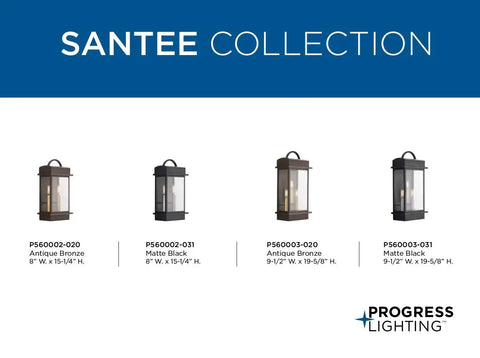 Two Light Outdoor Wall Lantern In Black Finish, Santee Style, Measures 15.25 Inches High By 8 Inches Wide By 8 Inches Deep, Weather Resistant Aluminum Construction, Classic Porch Light For Entryways shown in Santee collection display.