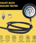 Pro Grade Exhaust Back Pressure Tester Kit With 6 Foot Hose, Professional Car Exhaust Back Pressure Gauge, Adapter And Hose Clamp, Includes Durable Carton Packaging. Black hose and pressure gauge, adapter, and clamp