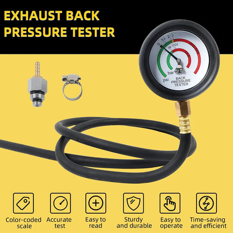 Pro Grade Exhaust Back Pressure Tester Kit With 6 Foot Hose, Professional Car Exhaust Back Pressure Gauge, Adapter And Hose Clamp, Includes Durable Carton Packaging. Black hose and pressure gauge, adapter, and clamp