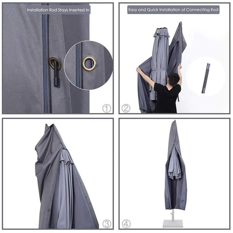 Installation of Patio Umbrella Cover With Rod For 7 To 11 Foot And 15 Foot Double Sided Umbrellas Built Tough With 600D Oxford Fabric Waterproof Zippered Weatherproof Gray