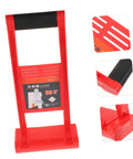 Heavy Duty Drywall Carrier With Grooved Brace And Slip Resistant Abs Handle For Plasterboard, Gypsum Sheets, Plywood Panels angled view showing red handle and secure brace.