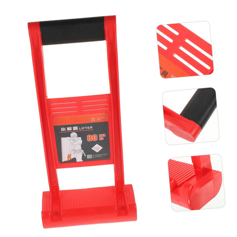 Heavy Duty Drywall Carrier With Grooved Brace And Slip Resistant Abs Handle For Plasterboard, Gypsum Sheets, Plywood Panels angled view showing red handle and secure brace.