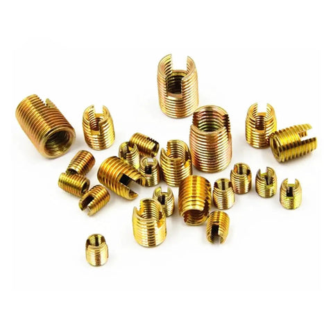Durable M10x1.5 Gold Self-Tapping Threaded Inserts in various sizes for aluminum steel and plastic fastening jobs.