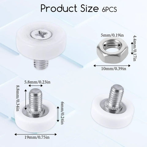 Six Piece Set Of 19mm White Plastic Drawer Rollers Featuring Slick Cabinet Pulleys For Smooth Operator Furniture Gliding No Sweat Replacement Wheels With Heavy Duty Mounting Nuts, showing sizes and details of glide wheels and nuts.