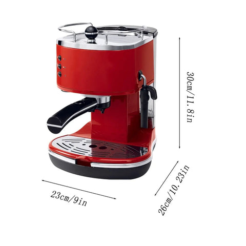 Semi Automatic Espresso Machine And Coffee Brewer With Built In Milk Frother One Point Five Liter Tank For Locking In Fresh Brews Every Single Day In Bold Red, 30cm height.